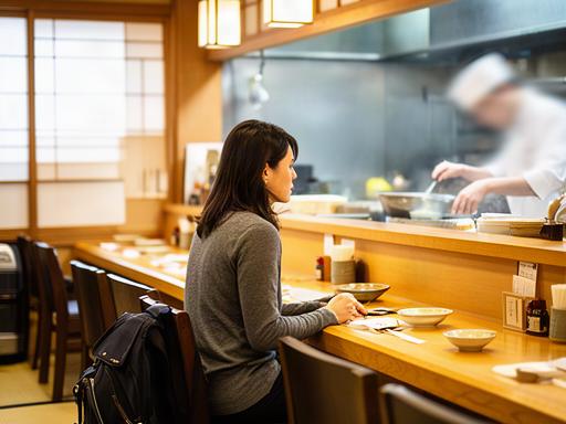 一人旅の客が座る和食店の木製カウンターと明るい照明