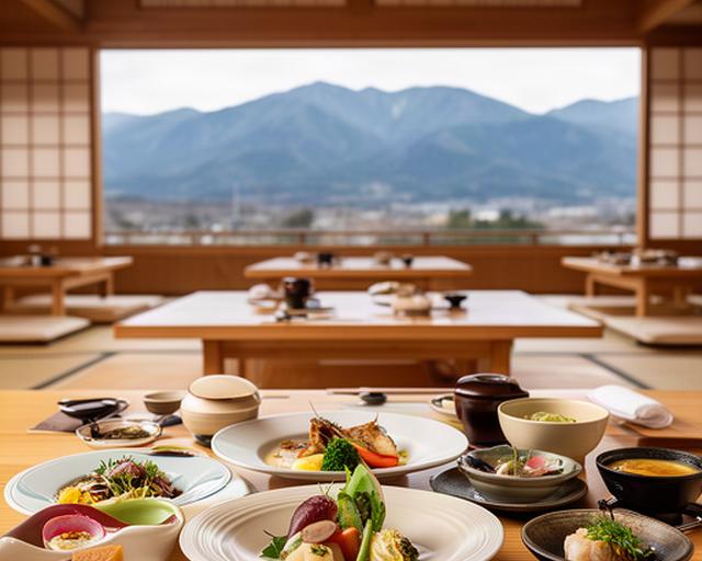 富山の山並みを望む和食店の木造客席と季節料理