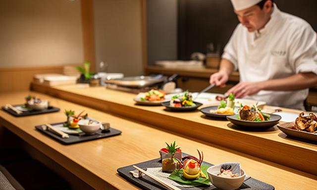 富山の日本料理店で料理人と会話できる木製カウンター席