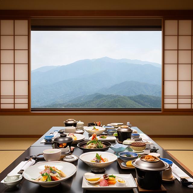 富山の山並みを望む和食店の個室で会席料理が並ぶ落ち着いた食卓