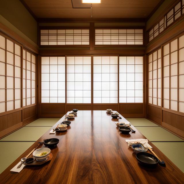 障子と木の格子がある日本料理店の完全個室に置かれた長い会食卓