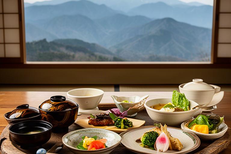 富山の山並みを望む和食店で季節料理を盛り付けた木の膳