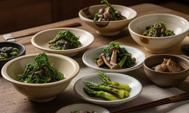 富山の山菜を使った小鉢料理が並ぶ門前町の食卓